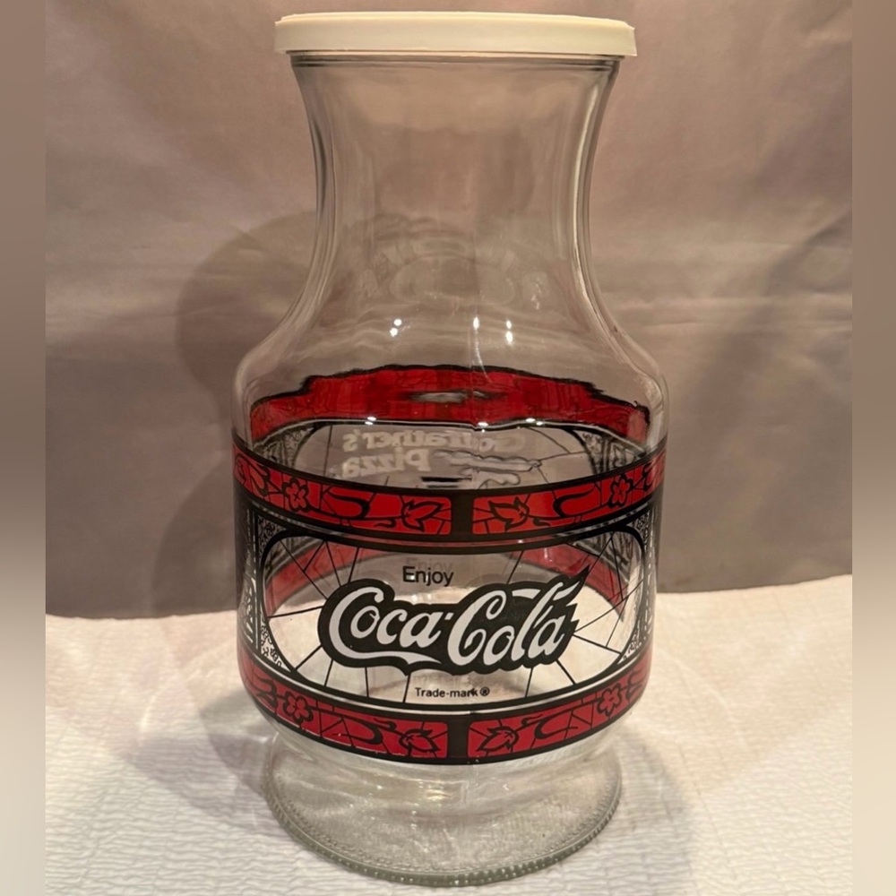 Vintage Coke Coca-Cola Godfather's Pizza Glass Carafe Serving Pitcher with lid